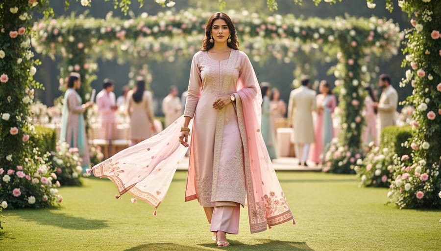 Woman wearing a salwar kameez with embroidered detailing at an outdoor daytime wedding event