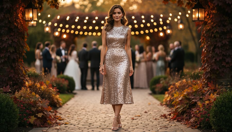 Plus-size model wearing a bronze or copper sequin metallic midi dress under warm evening lights