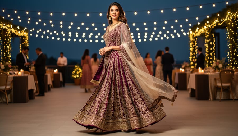 Woman wearing a modern sharara set with flared sharara pants at a decorated wedding venue