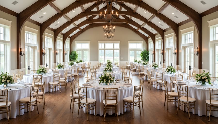 Wide view of a grand reception hall with sweetheart table, chair linens, and warm ceiling string lights