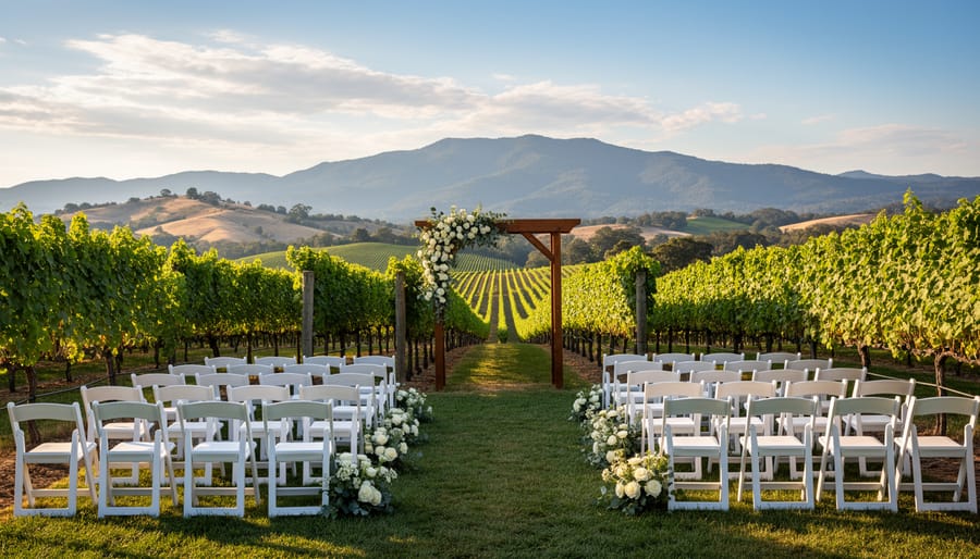 Wedding ceremony aisle with chairs and floral arch in a vineyard with grape rows in the background