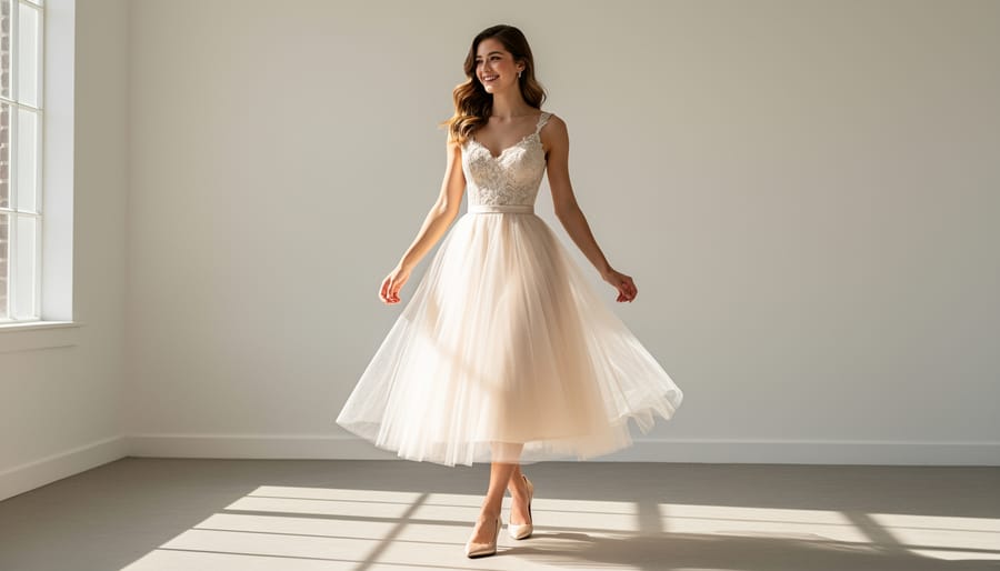 Bride-to-be in a tea-length tulle wedding dress at an outdoor garden brunch.