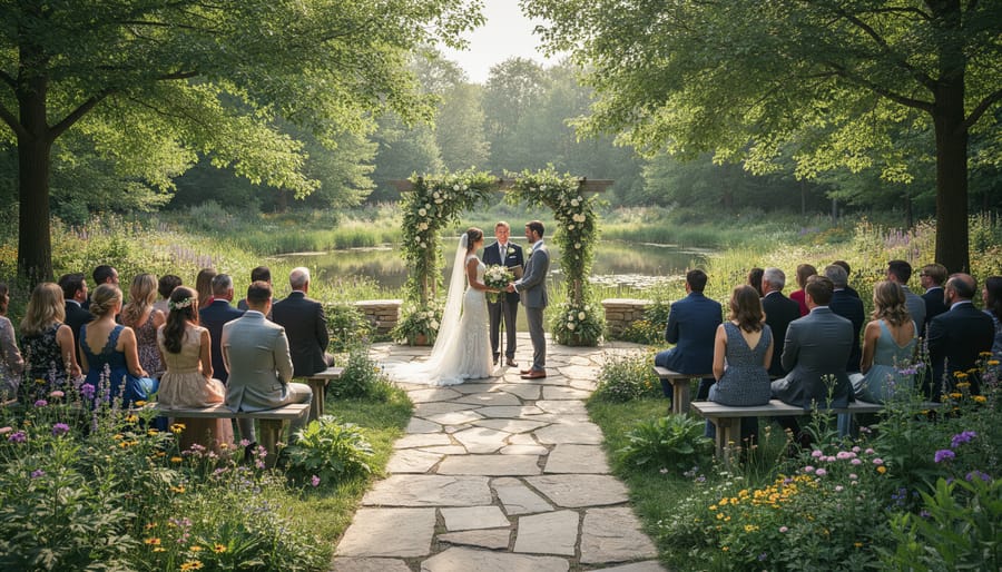 Outdoor garden reception table with candles and sheer draping surrounded by lush greenery