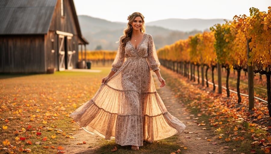 Plus-size model wearing a tiered maxi dress in terracotta and mustard tones outside a rustic barn