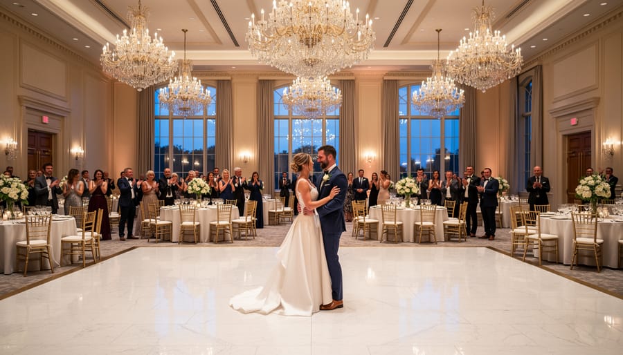 Bride and groom holding hands on an elegant ballroom dance floor with wedding reception tables in the background