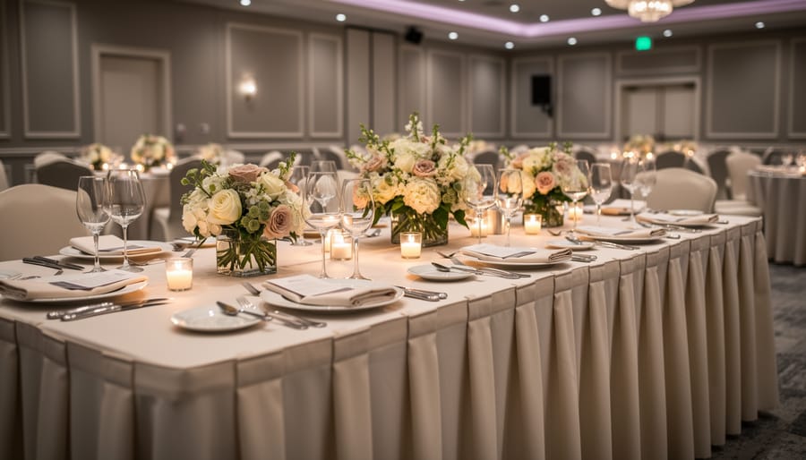 Reception table set with white linens, candles, and glassware in a wedding banquet hall