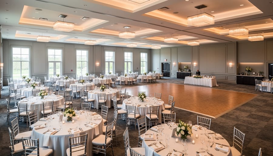 Wide view of an open wedding reception space with string lights and banquet seating in the background