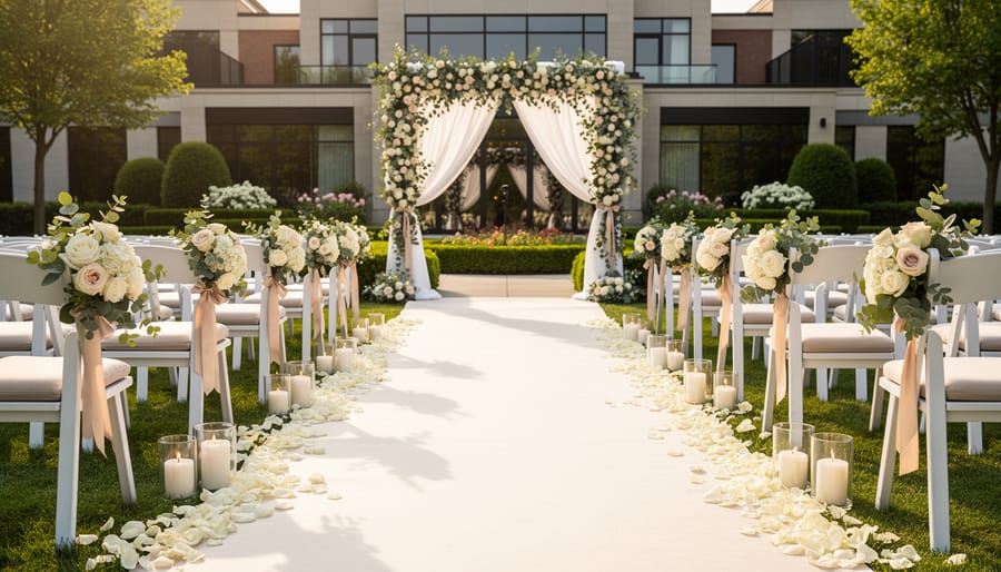 Bride and groom standing at the end of a flower-lined ceremony aisle inside an elegant wedding venue