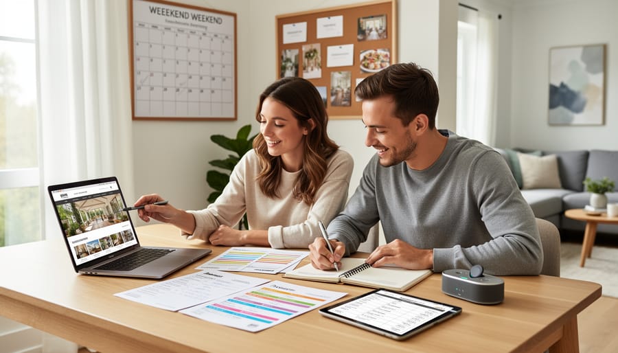 Wedding couple and coordinator reviewing contract documents at a desk with a venue-related folder
