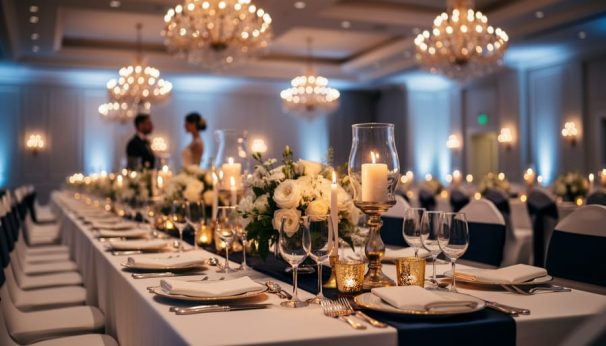 Candlelit reception banquet table in an elegant wedding venue hall in Vaughan, with soft-focus chandeliers and wedding guest silhouettes in the background.