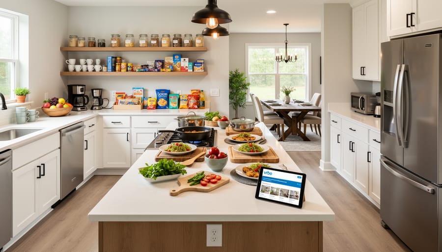 Bright kitchen with wedding weekend serving setup, charcuterie board, and champagne glasses in a vacation rental