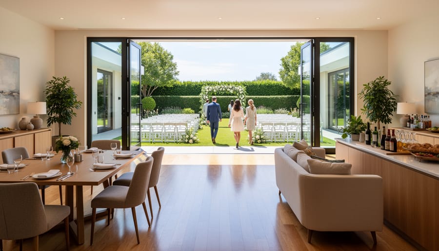 Wedding party members carrying decor from a vacation rental toward an outdoor ceremony space