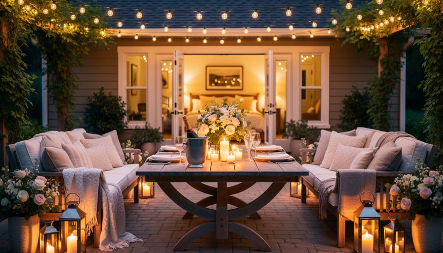 Couple standing on a candlelit patio outside a home with string lights and a wedding table set