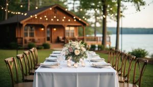 Outdoor wedding reception table set with white linens and floral centerpieces beside a cozy vacation rental cottage, lit by soft natural daylight.