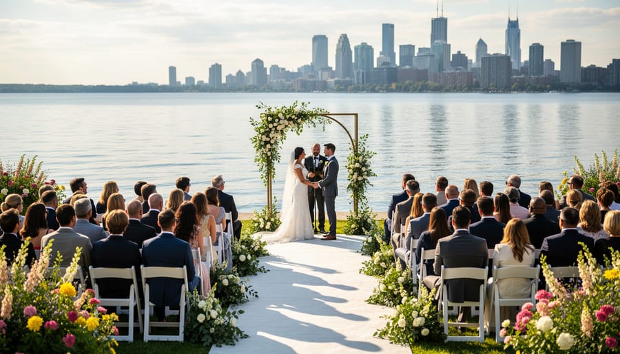 Bouquet and floral ceremony aisle overlooking a lake at golden hour