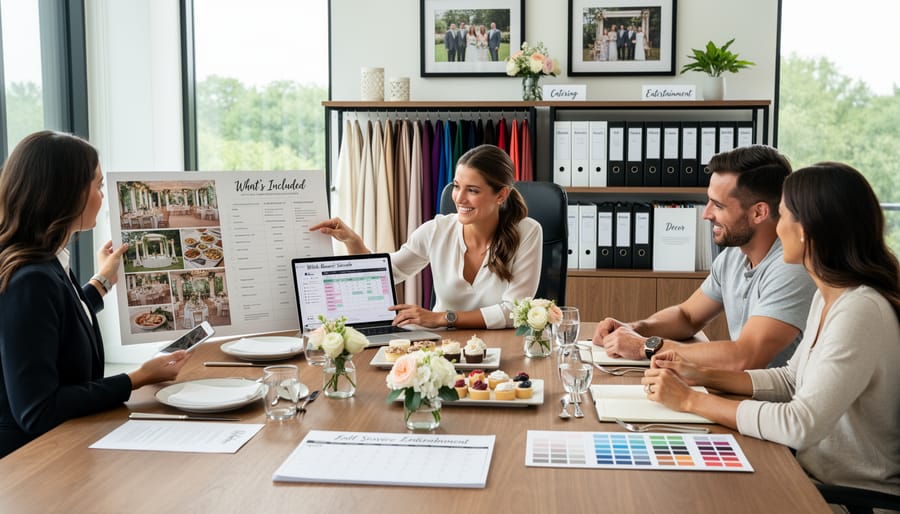 Wedding couple and coordinator reviewing wedding documents on a wooden table in soft candlelit lighting