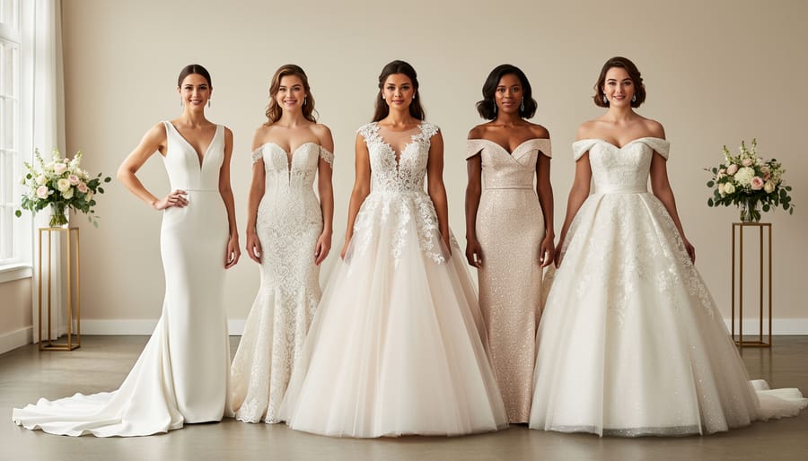 Several wedding dress silhouettes on mannequins in a bridal boutique, including satin, tulle, mermaid, and crepe styles