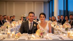 “Warmly lit wedding reception table with white linens and floral centerpieces in a Vaughan ballroom, with a formal couple in the foreground.”