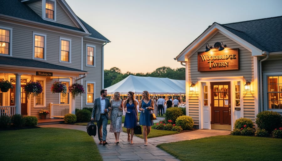 Warmly lit historic inn exterior with guests and wedding decorations near the entrance