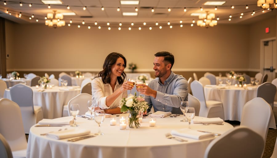 Wedding couple posing in a warmly lit banquet hall with set tables and floral centerpieces