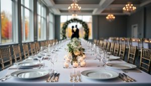 Wedding banquet hall in Canada with set dining tables, white linens, warm candlelight, and soft daylight through windows.