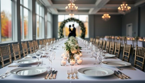 Wedding banquet hall in Canada with set dining tables, white linens, warm candlelight, and soft daylight through windows.