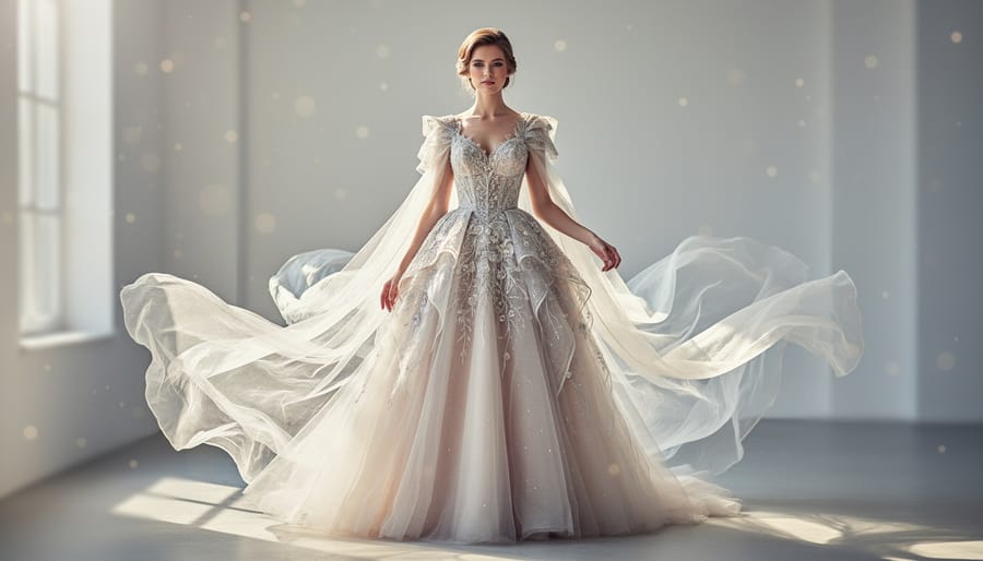 Bride wearing an Allure Couture ethereal wedding dress with detailed lace and layered tulle.