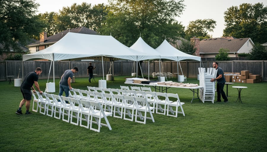 Rental crew setting up a white tent frame with stacked chairs and tables in a backyard.