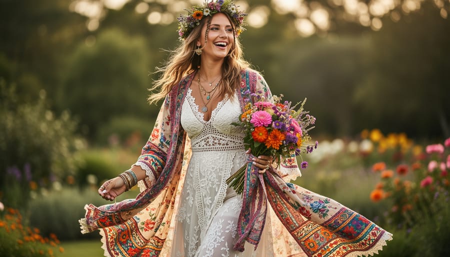 Bride wearing a boho wedding dress with colorful patterns and bold lace.