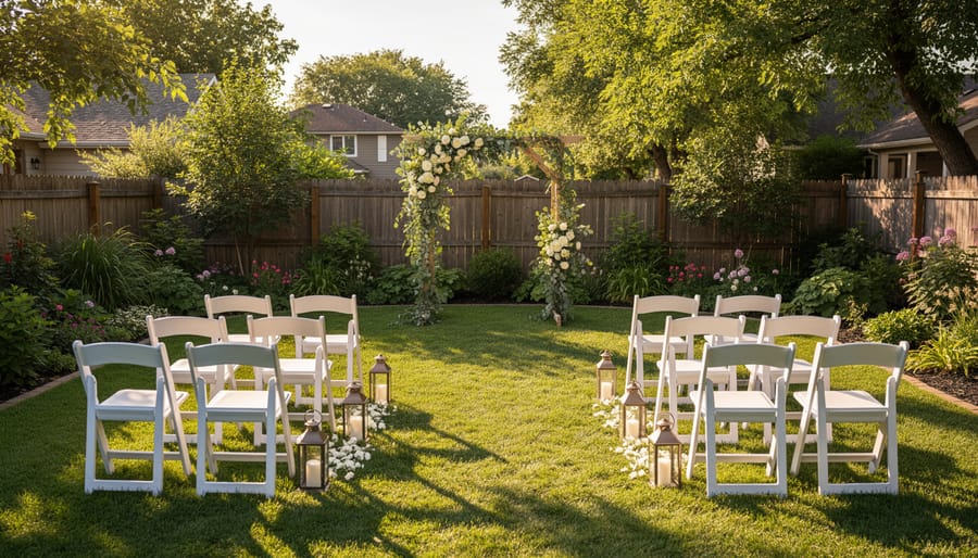 Couple embracing near a backyard ceremony aisle with a floral white arch and wooden chairs in a green garden.