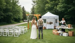 A backyard wedding setup in Canada with a ceremony arch, white chairs, a tent, and a couple while a wedding planner coordinates rental items on the lawn.