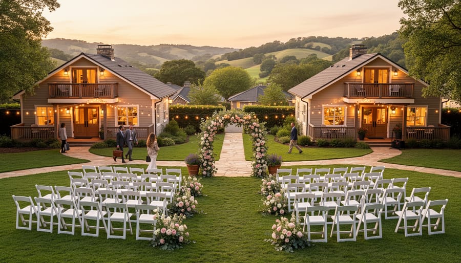 Wedding couple on a garden path leading toward a warmly lit lodge building for on-site accommodation