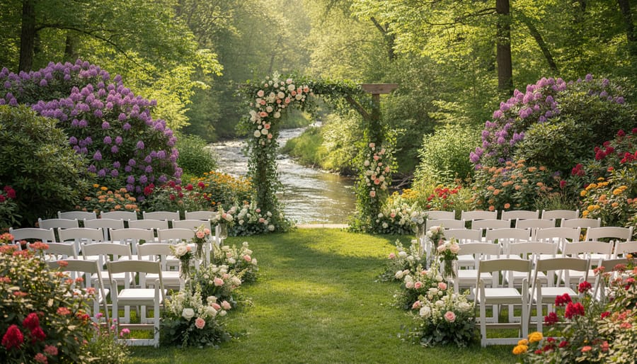 Outdoor wedding ceremony under a floral arbor in a lush garden with a couple at a sweetheart table.