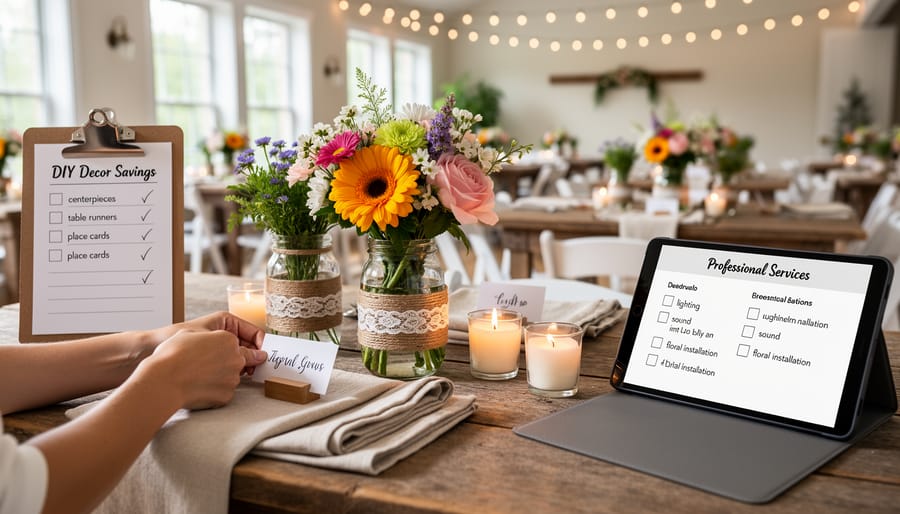 Person arranging pillar candles and adjusting linen on a wedding reception table