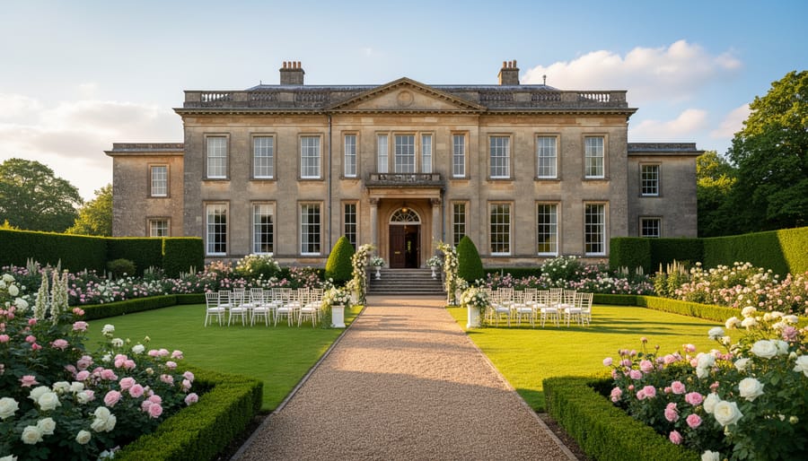 Bride and groom strolling along a formal garden path toward a grand stone manor house.