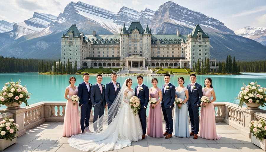 Wedding party on the terrace in front of the Fairmont Chateau Lake Louise with mountains and lake in the background