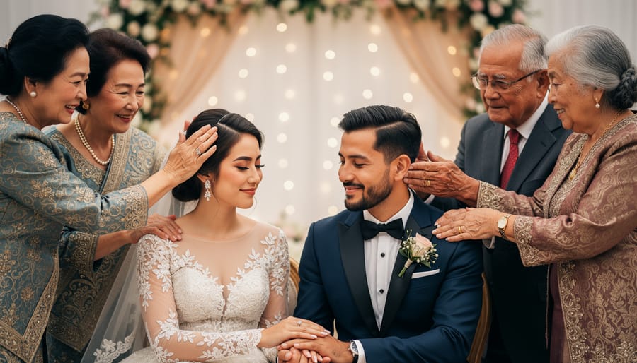 Parents and elders blessing the newly married couple with raised hands in an emotional Sikh wedding moment.
