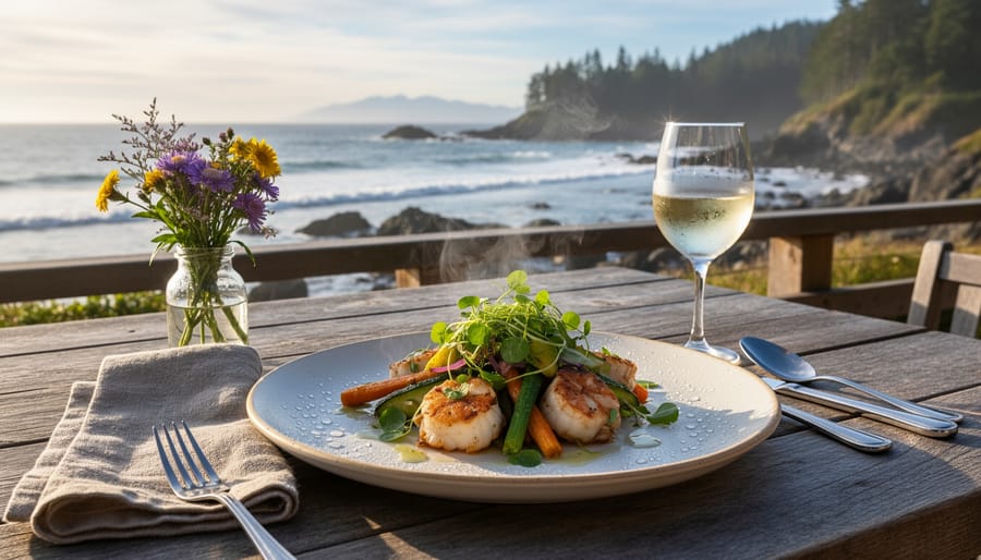 Chef arranging seasonal greens and herbs on a plate in a fine dining setting with natural ingredients in the background.