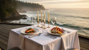 Elegant fine-dining wedding table with Pacific Northwest seafood on a Tofino oceanfront deck at golden hour.