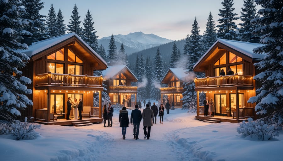 Wedding guests walking toward warmly lit cabin lodging during blue hour