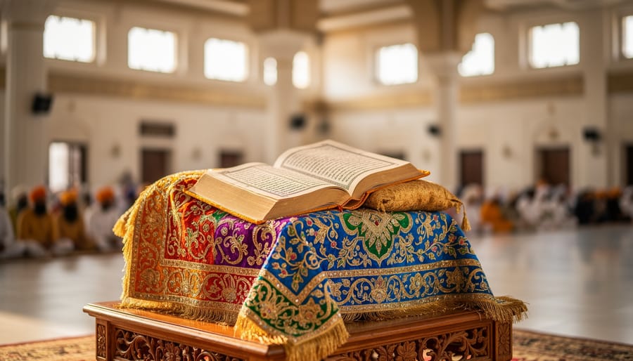 Guru Granth Sahib Ji is shown at the center of an Anand Karaj ceremony space inside a gurdwara, with seated devotees in the background.