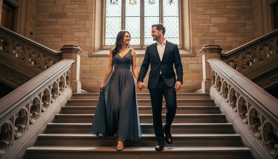 Couple in elegant formalwear stepping gracefully on grand marble stairs in a Hart House-like venue.