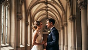 Bride and groom posing confidently in Hart House’s Gothic interior with vaulted ceilings and warm window lighting in the background.