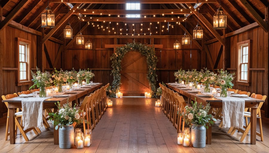 Couple at a rustic barn ceremony with wooden aisle decor and mason-jar lanterns.