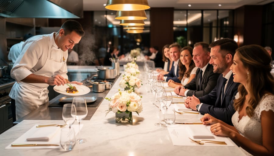 Guests seated at an intimate chef’s table with the chef plating a multi-course meal.