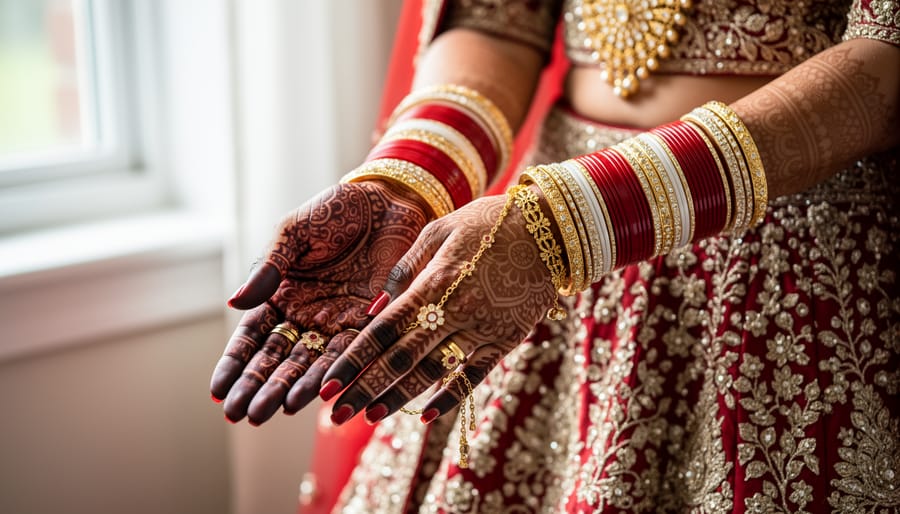 Close-up of bridal kalire ornaments and henna-decorated hands with traditional Sikh wedding jewelry in soft focus background.