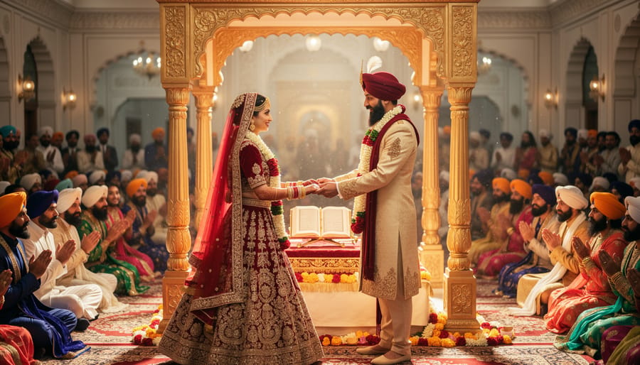 Bride and groom walking together during the Laavan pheras near Guru Granth Sahib Ji inside the gurdwara.
