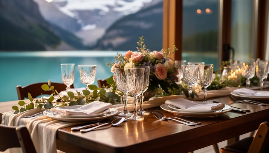 Intimate wedding dining scene with a couple toasting at a small table, warm candlelight, and blurred mountain views