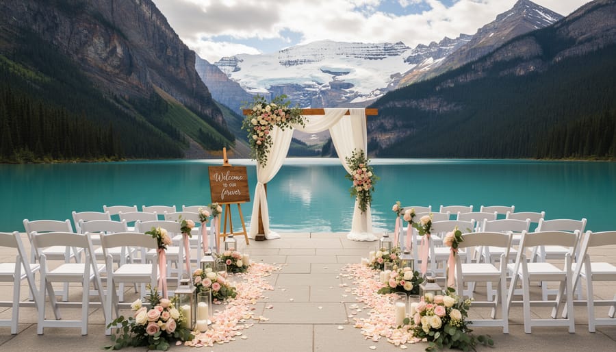 Outdoor wedding ceremony details near the shore of Lake Louise with turquoise water and mountains in the background