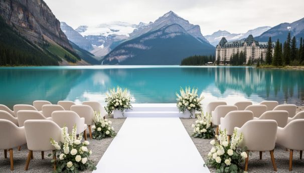 Wedding ceremony setup on the Lake Louise lakeshore with turquoise water and glacier mountains in the background, representing resort and outdoor venue options.